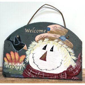 Hand-Painted Slate Autumn Welcome Sign With Scarecrow & Bird Design